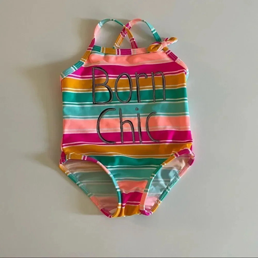 Koala Kids multi color bathing suit w/ “Born Chic” wording - Picture 2 of 10